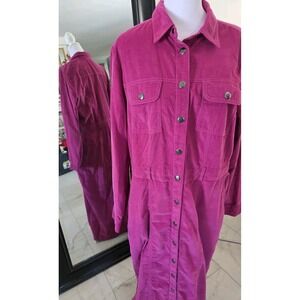 LOFT Corduroy Shirt Dress Women's 14 Pink Magenta Snap Front Long Sleeve Midi